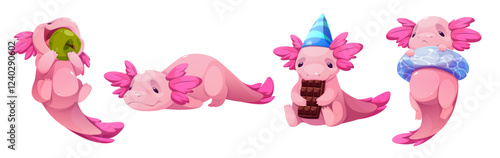 Cute pink axolotl mascot collection - eating green fruit, relax lying down, holding chocolate bar in birthday hat, wearing swimming ring. Cartoon adorable cartoon character poses for sticker set.