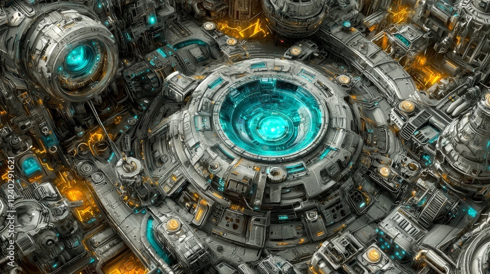 Fototapeta premium Futuristic Sci-Fi Machinery with Turquoise Lights and Intricate Metallic Details in a High-Tech Environment