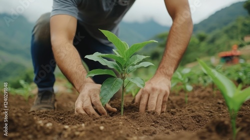 Volunteers participating in a reforestation project by planting native trees in a lush mountainous countryside landscape to promote environmental conservation and habitat photo