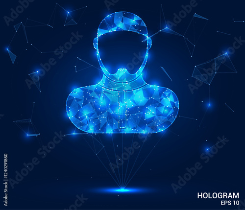 A hologram of a Muslim man. The Muslim silhouette consists of polygons, triangles, dots and lines. A Muslim person is a low-poly composite structure. Vector technology concept.