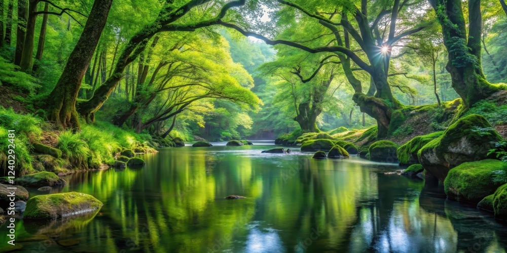 Fototapeta premium Serene River Reflecting Lush Green Canopy of Ancient Trees in a Misty Forest
