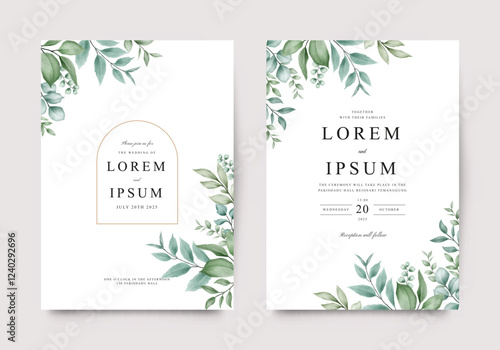 Beautiful green leaves wedding invitation template