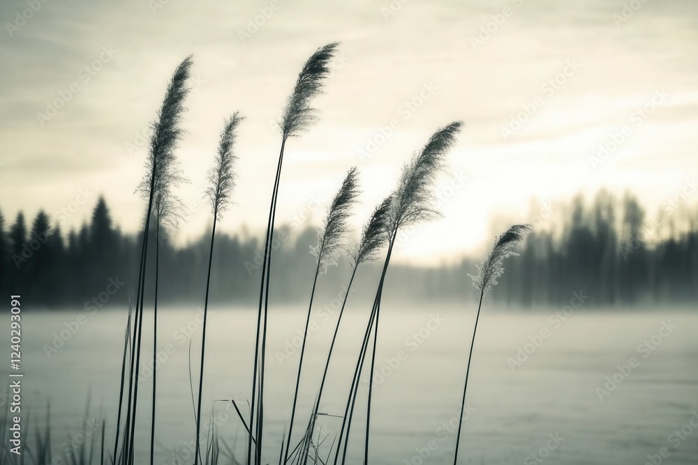 Misty sunrise tranquil lake with silhouette of reeds Misty sunrise tranquil lake with silhouette of reeds