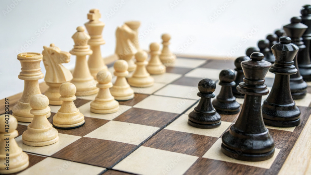 Chess pieces on wooden board, showcasing strategic game setup Chess pieces on wooden board, showcasing strategic game setup