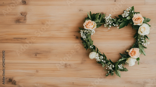 Rose bouquet in a heart shape on a rustic wooden table, decoration, madera .