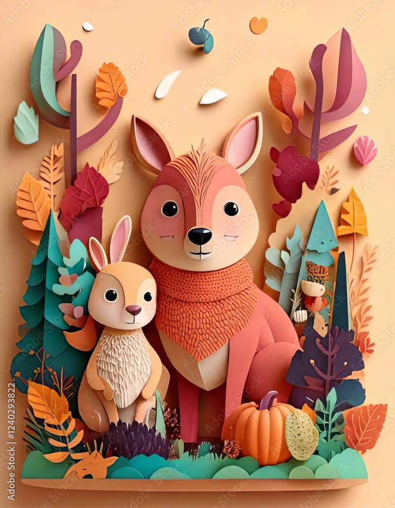 Fototapeta premium Whimsical Autumn Woodland Paper Art