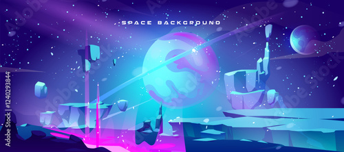 Space landscape panorama with neon cosmic scenery - fluorescent alien surface, floating rock formations, glowing crystals, bright planets on starry blue sky. Futuristic environment background.