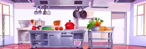 Restaurant kitchen cartoon interior with fresh vegetables on counter - professional cooking space with hanging utensils, storage cabinets, arranged cookware. Culinary workplace with preparation area.