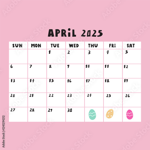 April 2025. Calendar. Monthly planner. Illustration on pink background.