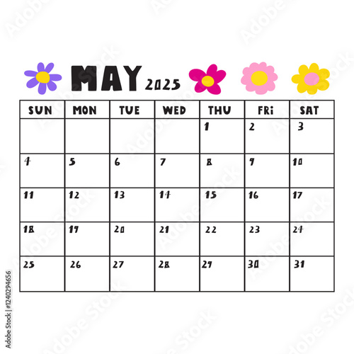 May 2025. Template vector calendar. Simple planner design. Hand drawn illustration on white background.
