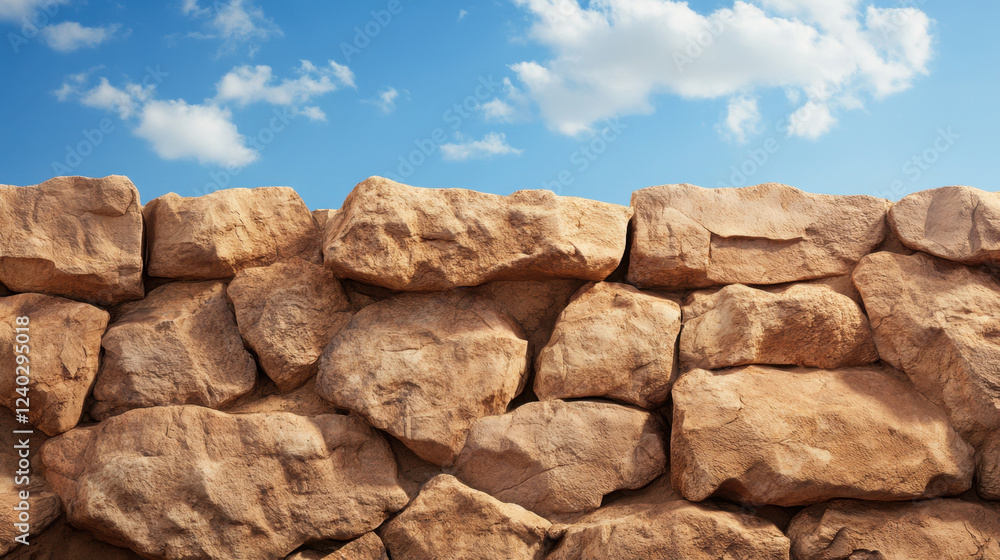 Rocky wall backdrop with clear blue sky and scattered clouds, perfect for desert themed settings. texture and color of stones create natural and rugged appearance Rocky wall backdrop with clear blue sky and scattered clouds, perfect for desert themed settings. texture and color of stones create natural and rugged appearance