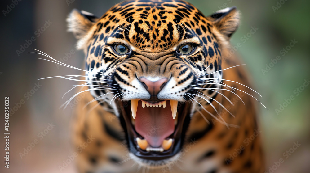 Obraz premium jaguar reaction, jaguar provocation, jaguar behavior when threatened, taunting wild jaguar, jaguar defense mechanisms.