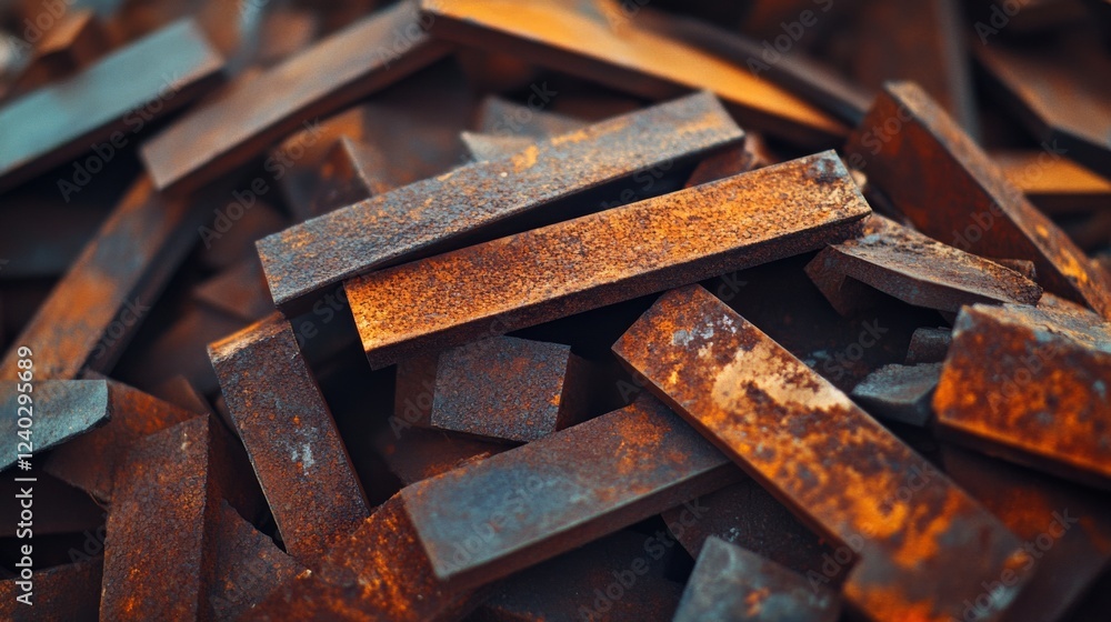 Piles of rusted metal shards create an abstract pattern, showcasing a rugged and industrial aesthetic.