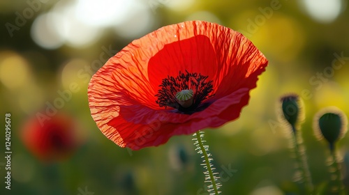 Vibrant Red Poppy Flower in Natural Habitat Against a Soft Green Background