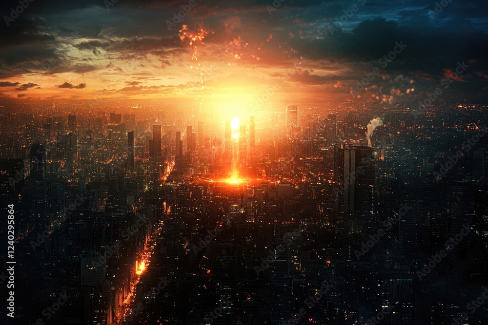 Fototapeta premium A futuristic city at sunset, bathed in warm light with a fiery glow emanating from its core.