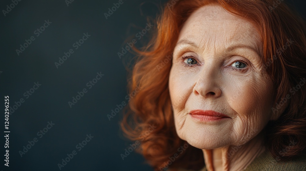 With a serene expression, an elderly woman gazes thoughtfully ahead, her vibrant red hair cascading gently around her face, evoking a sense of wisdom and experience With a serene expression, an elderly woman gazes thoughtfully ahead, her vibrant red hair cascading gently around her face, evoking a sense of wisdom and experience