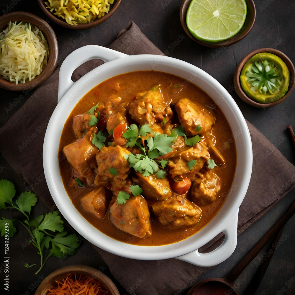 Top View of Masala Chicken Curry in a Bowl Top View of Masala Chicken Curry in a Bowl