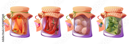Preserve jars set isolated on white background. Vector cartoon illustration of glass containers with paper labels, salty pickled carrots, chili pepper, mushrooms and olives, natural homemade food