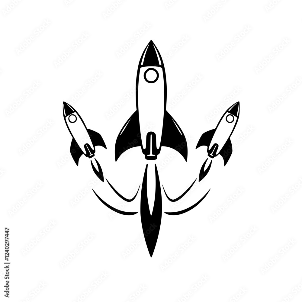Three Rockets Launching into Space: A Vector Graphic Design of Innovation, Technology, and the Future of Space Exploration Three Rockets Launching into Space: A Vector Graphic Design of Innovation, Technology, and the Future of Space Exploration