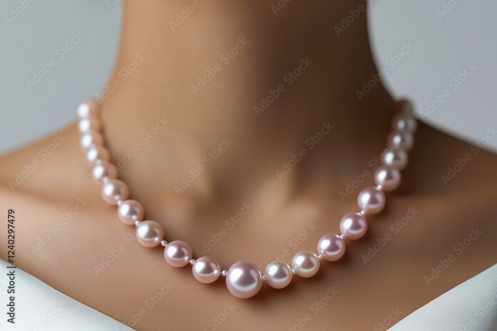 Close-up of a woman’s neck wearing a pink pearl necklace against a soft neutral background. Feminine beauty and luxury. Close-up of a woman’s neck wearing a pink pearl necklace against a soft neutral background. Feminine beauty and luxury.