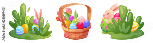 Easter basket celebration set - wicker container filled with eggs, spring tulips, bunny peeking through green bushes, colorful decorated eggs on grass. Cartoon holiday hunting game elements design.