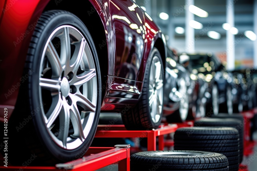 Sleek cars and tires in modern auto workshop for maintenance and repair. Summer Tire Changeover Month Sleek cars and tires in modern auto workshop for maintenance and repair. Summer Tire Changeover Month