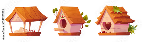 Cartoon birdhouse and feeder set - wooden nesting boxes with berries and grain pile, green leaves, round and heart shaped entrance holes and decorated roofs. Bird feeding stations for garden care.
