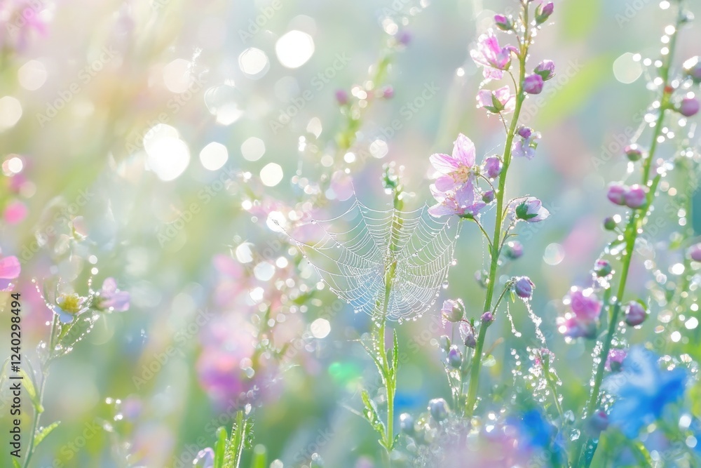 Naklejka premium Dew-kissed spiderweb delicately adorned with pastel flowers in a sunlit meadow.