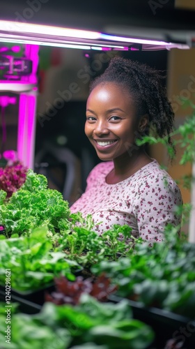 A Smiling Woman Working in a Vertical Hydroponic Farm photo