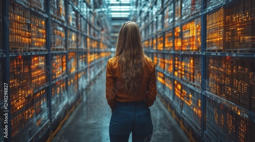 Futuristic Warehouse with Female Worker and Digital Data Integration photo