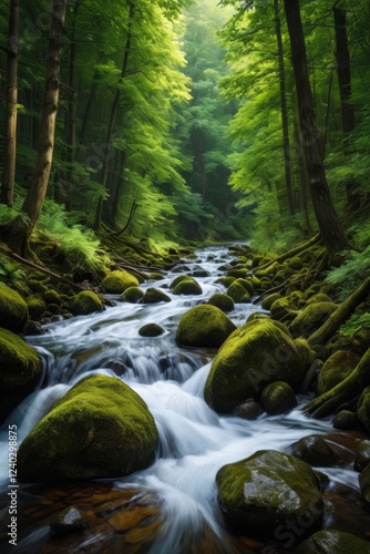 arafed view of a stream running through a forest filled with rocks