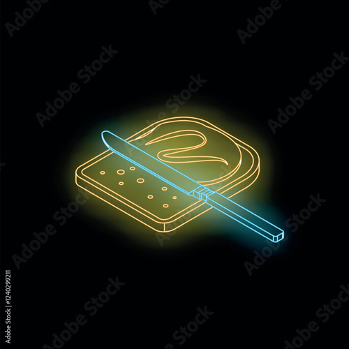 Bright neon sign depicting a knife spreading butter on a slice of toast, viewed isometrically against a dark background