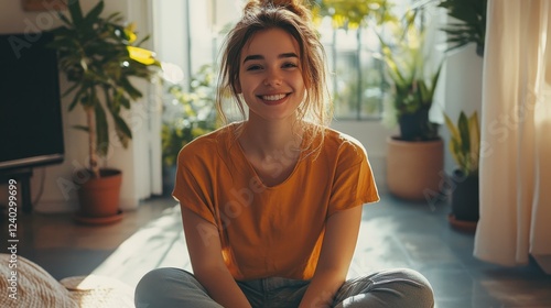 Young Woman in Casual Attire Smiling at Home with Natural Light photo