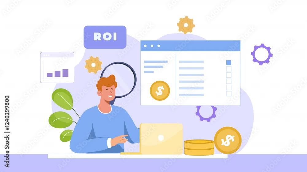 2D flat character scene animation explaining the concept of Return on Investment (ROI), showing characters investing in various assets and calculating the returns over time.