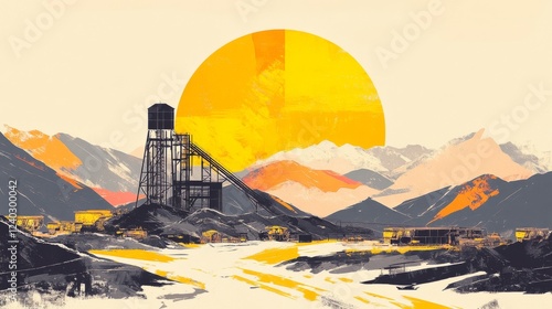 Industrial mining landscape with mountains and rising sun rays. Black and yellow vector illustration. Energy and industry concept for design and print