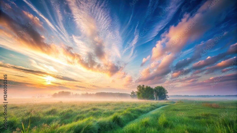 Fototapeta premium Serene Dawn Misty Meadow Path Under a Vibrant Sky of Painted Clouds