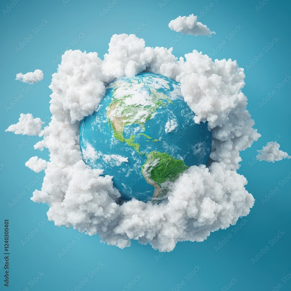 Naklejka premium A happy planet surrounded by fluffy clouds of hope.