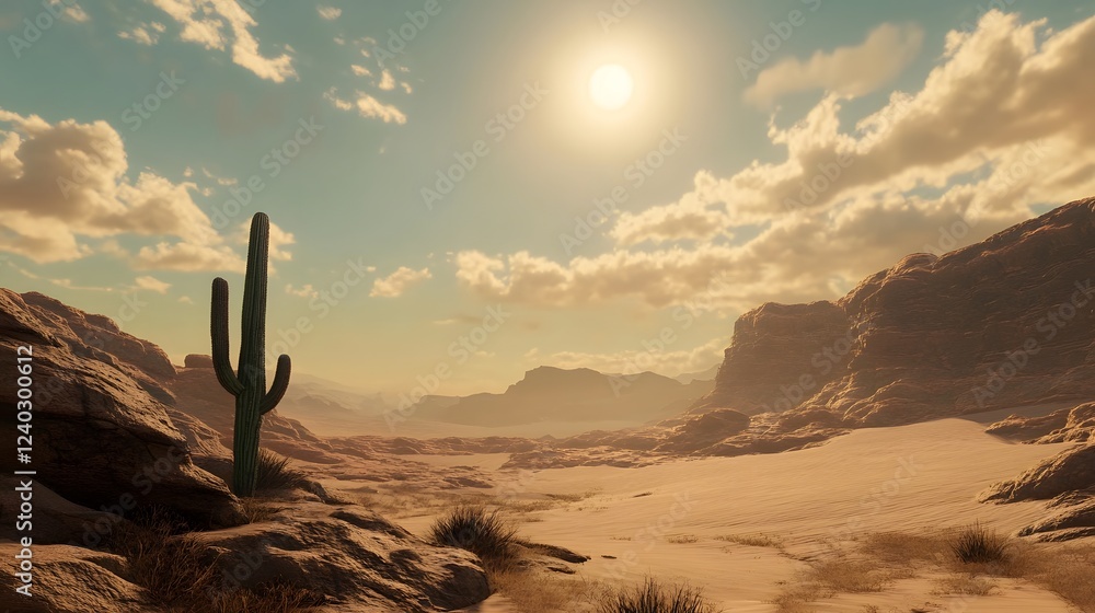 Desert landscape under a bright sun, rocky terrain with tall cactus, serene atmosphere, perfect for nature themes. Desert landscape under a bright sun, rocky terrain with tall cactus, serene atmosphere, perfect for nature themes.