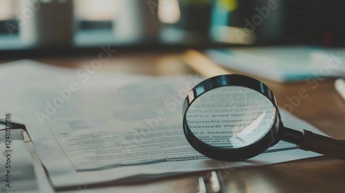 Close-up of a magnifying glass over a printed document, symbolizing fact-checking, research, and detailed analysis in professional or educational settings.