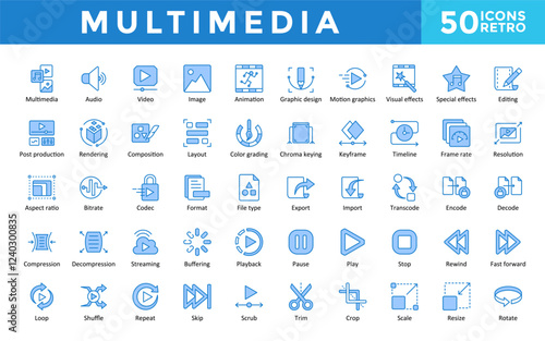 Multimedia icons set with multimedia, audio, video, image, animation, graphic design, motion graphics, visual effects, special effects, editing icon. Simple retro vector 
