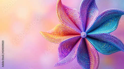 A colorful pinwheel with intricate patterns, displayed against a soft pastel background.