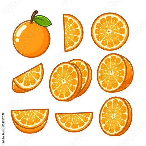 a variety of oranges cut into shapes and arranged in different positions