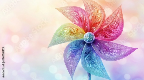 A colorful pinwheel with intricate patterns, displayed against a soft pastel background.