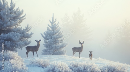 A trio of deer stand silently in a misty winter forest, surrounded by frost-laden trees, embodying peace and grace amidst a snowy landscape. photo