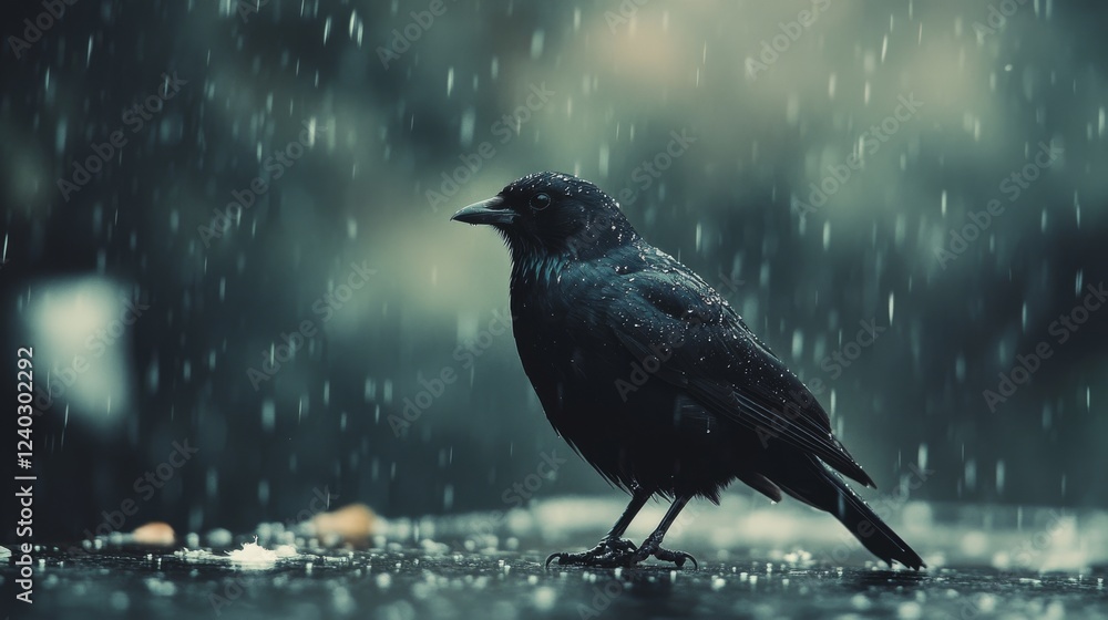 Fototapeta premium A blackbird stands amidst a soft rainfall, its midnight plumage sleek and glossy, embodying persistence and resilience.