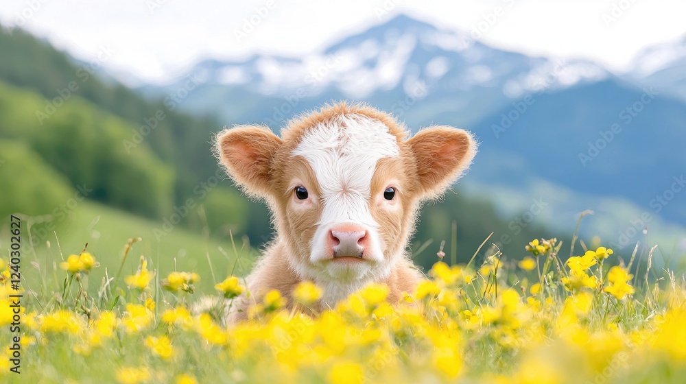 Fototapeta premium Calf in mountain meadow, spring flowers, idyllic scene, farm animal
