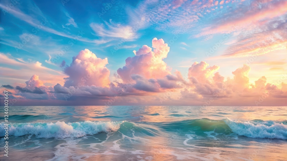 Serene Coastal Scene at Dawn Pastel Clouds Reflecting on Gentle Ocean Waves Serene Coastal Scene at Dawn Pastel Clouds Reflecting on Gentle Ocean Waves