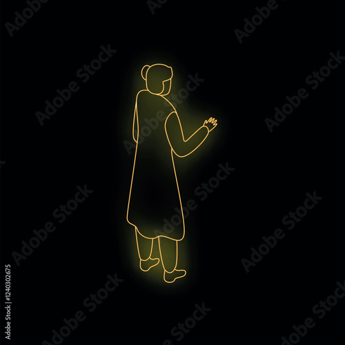 Neon sign of woman walking away on black background, glowing yellow light, concept of leaving, going away