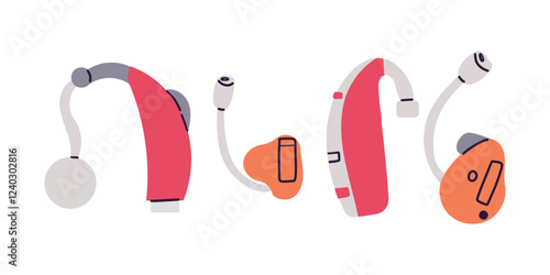 Hearing aid icons set cartoon. Vector illustration of hearing aid ear volume hand drawn doodle flat style isolate on white . Loud health medicine . World hearing day .