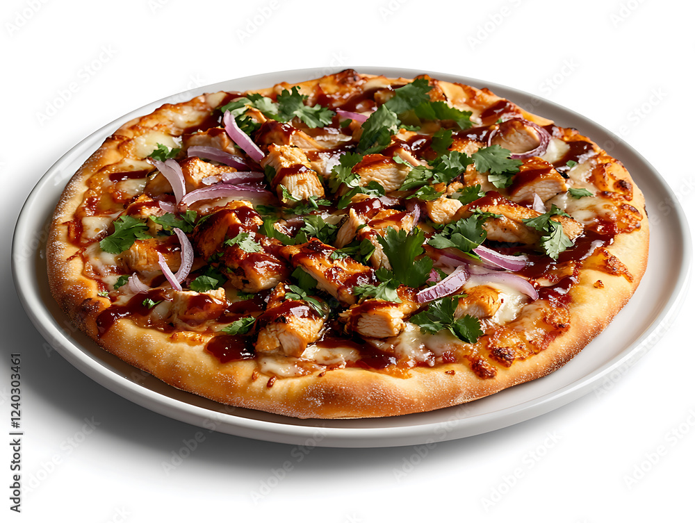 Sweet and Savory Chicken Pizza: A mouthwatering, close-up shot of a delicious chicken pizza. The crispy crust is generously topped with savory chicken, tangy BBQ sauce, red onions, and fresh cilantro Sweet and Savory Chicken Pizza: A mouthwatering, close-up shot of a delicious chicken pizza. The crispy crust is generously topped with savory chicken, tangy BBQ sauce, red onions, and fresh cilantro
